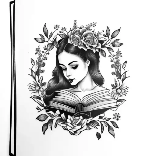 American traditional floral lady head profile holding a book open in front of her with a floral frame book in hands tattoo design idea