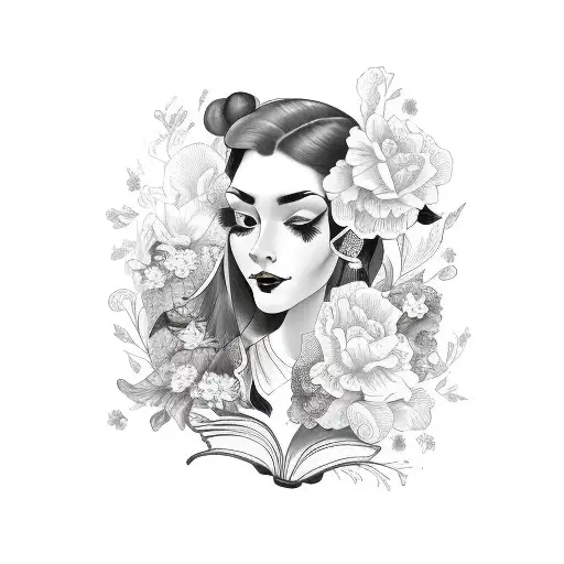 side profile traditional lady head with long hair tattoo holding open book surrounded by bold floral frame tattoo design idea