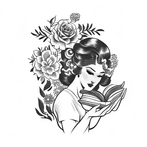 Vintage floral Lady Profile Reading An Opened Book Surrounded By Bold Floral frame  tattoo design idea