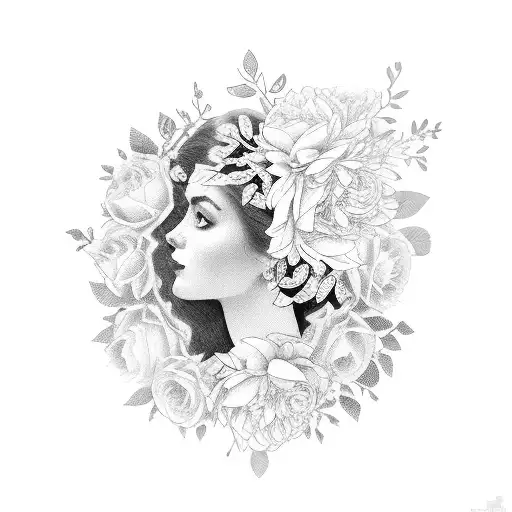 A beautiful American traditional lady head surrounded by blooming peonies and roses on a stack of books tattoo design idea