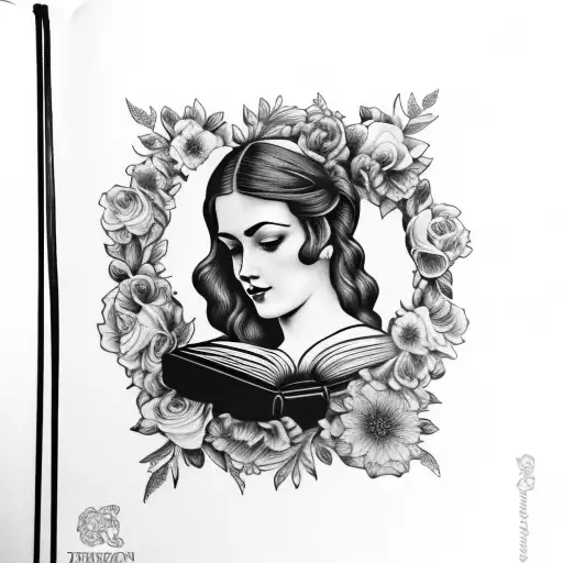 American traditional floral lady head profile holding a book open in front of her with a floral frame book in hands tattoo design idea