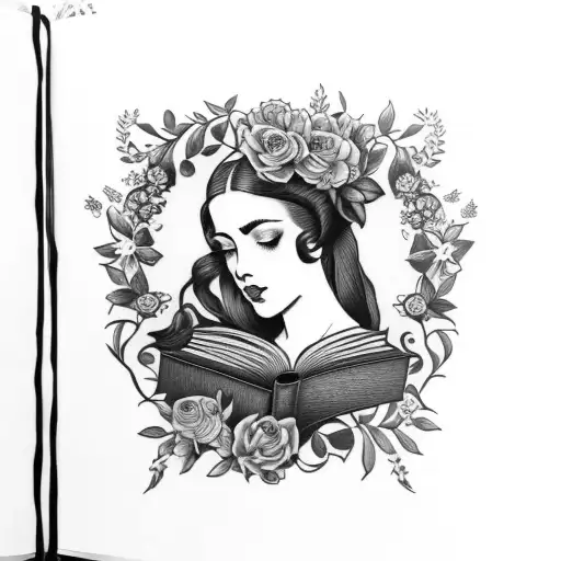 American traditional floral lady head profile holding a book open in front of her with a floral frame book in hands tattoo design idea