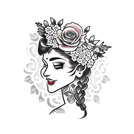 side traditional lady head tattoo holding a book open in front of her with a floral crown surrounded by bold flowers tattoo design idea