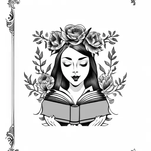 American traditional floral lady head profile holding a book open in front of her with a floral frame book in hands tattoo design idea