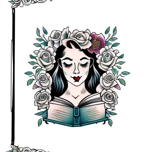 American traditional floral lady profile holding a book open in front of her with a floral frame book in hands tattoo design idea