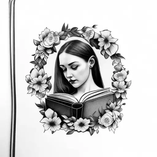 American traditional floral lady head profile holding a book open in front of her with a floral frame book in hands tattoo design idea