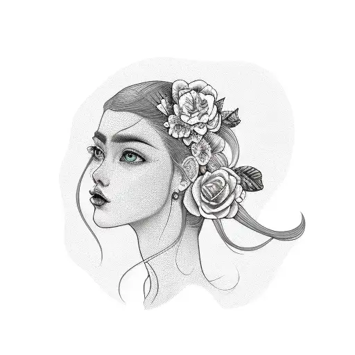 side profile traditional lady head with long hair tattoo holding open book surrounded by bold floral frame tattoo design idea