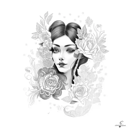 side profile traditional lady head with long hair tattoo holding open book surrounded by bold floral frame tattoo design idea