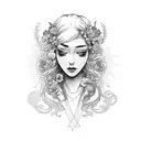 side profile traditional lady head with long hair tattoo holding open book surrounded by bold floral frame tattoo design idea