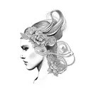 side profile traditional lady head with long hair tattoo holding open book surrounded by bold floral frame tattoo design idea