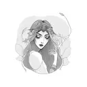 side profile traditional lady head with long hair tattoo holding open book surrounded by bold floral frame tattoo design idea