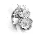 side profile traditional lady head with long hair tattoo holding open book surrounded by bold floral frame tattoo design idea