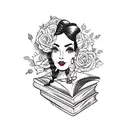 side profile traditional lady head with long hair tattoo holding books surrounded by bold floral frame tattoo design idea