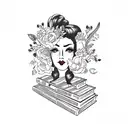 side profile traditional lady head with long hair tattoo holding books surrounded by bold floral frame tattoo design idea