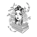 side profile traditional lady head with long hair tattoo holding books surrounded by bold floral frame tattoo design idea