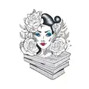 side profile traditional lady head with long hair tattoo holding books surrounded by bold floral frame tattoo design idea