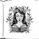 American traditional floral lady head profile holding a book open in front of her with a floral frame book in hands tattoo design idea