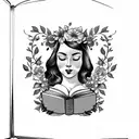 American traditional floral lady head profile holding a book open in front of her with a floral frame book in hands tattoo design idea
