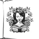 American traditional floral lady head profile holding a book open in front of her with a floral frame book in hands tattoo design idea