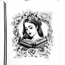 American traditional floral lady head profile holding a book open in front of her with a floral frame book in hands tattoo design idea