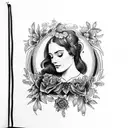American traditional floral lady head profile holding a book open in front of her with a floral frame book in hands tattoo design idea