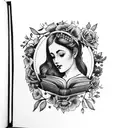 American traditional floral lady head profile holding a book open in front of her with a floral frame book in hands tattoo design idea