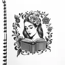 American traditional floral lady head profile holding a book open in front of her with a floral frame book in hands tattoo design idea
