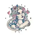 side profile traditional lady head with long hair tattoo holding open book surrounded by bold floral frame tattoo design idea