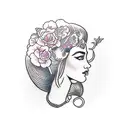 side profile traditional lady head with long hair tattoo holding open book surrounded by bold floral frame tattoo design idea