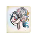 side profile traditional lady head with long hair tattoo holding open book surrounded by bold floral frame tattoo design idea