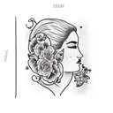 side profile traditional lady head with long hair tattoo holding open book surrounded by bold floral frame tattoo design idea