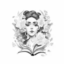 side profile traditional lady head with long hair tattoo holding open book surrounded by bold floral frame tattoo design idea