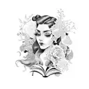 side profile traditional lady head with long hair tattoo holding open book surrounded by bold floral frame tattoo design idea