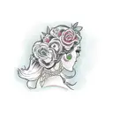 side profile traditional lady head with long hair tattoo holding open book surrounded by bold floral frame tattoo design idea