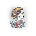 side profile traditional lady head with long hair tattoo holding open book surrounded by bold floral frame tattoo design idea