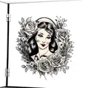 American traditional floral lady side face profile holding a book open in front of her with a floral frame book in hands tattoo design idea