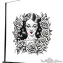American traditional floral lady side face profile holding a book open in front of her with a floral frame book in hands tattoo design idea