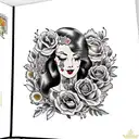 American traditional floral lady side face profile holding a book open in front of her with a floral frame book in hands tattoo design idea