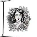 American traditional floral lady side face profile holding a book open in front of her with a floral frame book in hands tattoo design idea