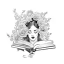 Vintage floral Lady Profile Reading An Opened Book Surrounded By Bold Floral frame  tattoo design idea