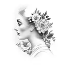 Vintage floral Lady Profile Reading An Opened Book Surrounded By Bold Floral frame  tattoo design idea