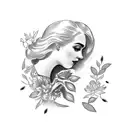 Vintage floral Lady Profile Reading An Opened Book Surrounded By Bold Floral frame  tattoo design idea