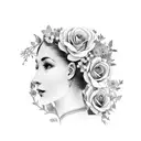 Vintage floral Lady Profile Reading An Opened Book Surrounded By Bold Floral frame  tattoo design idea