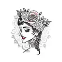 side traditional lady head tattoo holding a book open in front of her with a floral crown surrounded by bold flowers tattoo design idea
