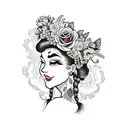 side traditional lady head tattoo holding a book open in front of her with a floral crown surrounded by bold flowers tattoo design idea
