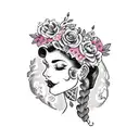 side traditional lady head tattoo holding a book open in front of her with a floral crown surrounded by bold flowers tattoo design idea