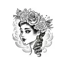 side traditional lady head tattoo holding a book open in front of her with a floral crown surrounded by bold flowers tattoo design idea