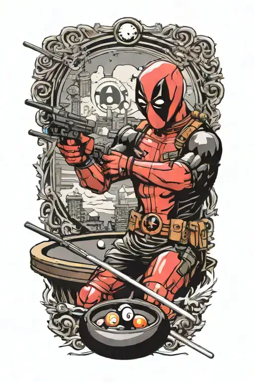 Deadpool shooting pool 8 ball tattoo design idea