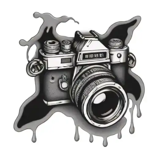 little smiley face melting 35mm camera tattoo design idea