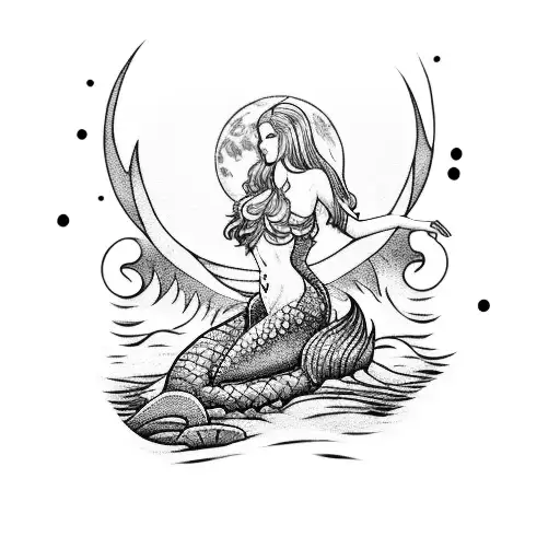 A beatiful mermaid sitting in a rock in the middle of the ocean with a full moon behind her tattoo design idea